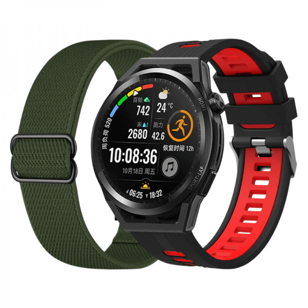 Set 2 curele pentru ceas, 22 mm, pentru Galaxy Watch 3 45mm, Gear S3 Frontier, Huawei Watch GT 3, Huawei Watch GT 2 46mm, Huawei Watch GT, negru - rosu, verde