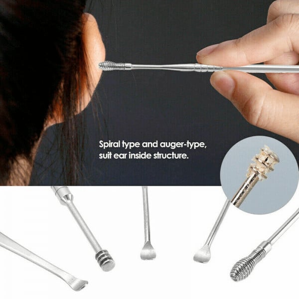 Set 7 instrumente igiena auriculara Focstar, curatare ureche, tip chiureta, arc si spirala, cu periuta si cutie depozitare, din inox, pentru indepartare cerumen - 1 | YEO