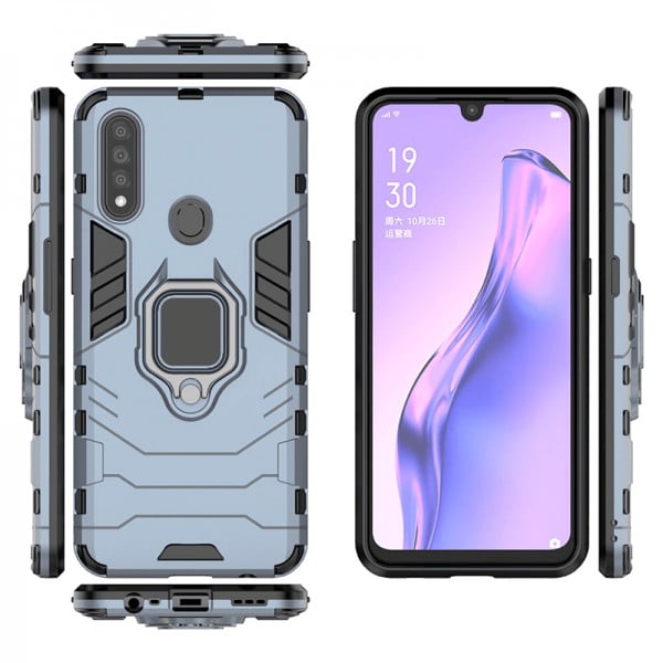 Set protectie 2 in 1 pentru Oppo A31 cu husa hybrid antisoc cu stand inel si folie sticla ceramica fullsize si breloc cadou, dark blue - 1 | YEO