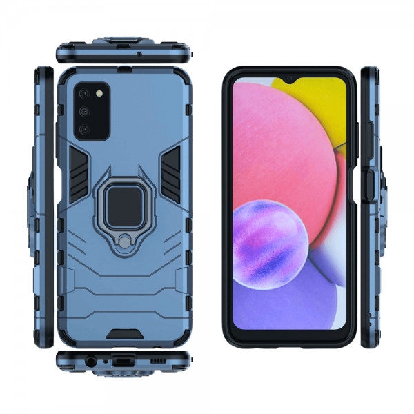 Set protectie 3 in 1 pentru Samsung Galaxy A03s (4G) cu husa hybrid antisoc cu stand inel, folie sticla ceramica fullsize, 2 folii sticla pentru camera si breloc cadou, dark blue - 3 | YEO