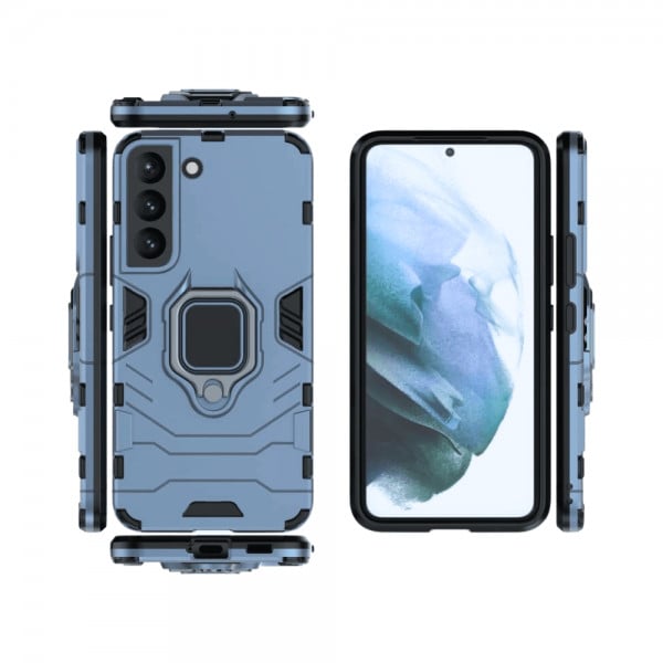 Set protectie 3 in 1 pentru Samsung S21 FE 5G cu husa hybrid antisoc cu stand inel, folie sticla ceramica fullsize, 2 folii sticla pentru camera si breloc cadou, dark blue - 3 | YEO