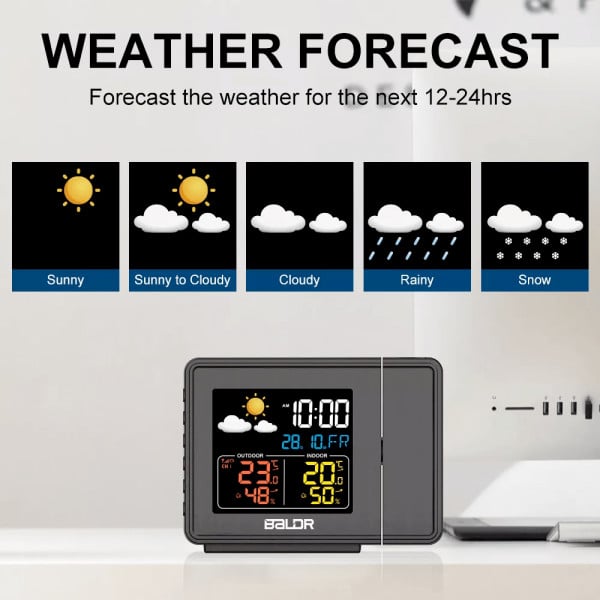 Statie meteo cu proiector ceas si 1 senzor extern Baldr, afisaj data, ora, umiditate, temperatura, prognoza meteo, alarma ceas,sora exacta semnal radio, negru - 3 | YEO