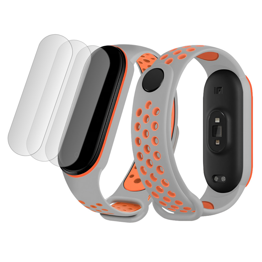 Bermek Curea Xiaomi Mi Band 4/ Mi band 3 din silicon + Set 3x Folie Protectie, gri-portocaliu