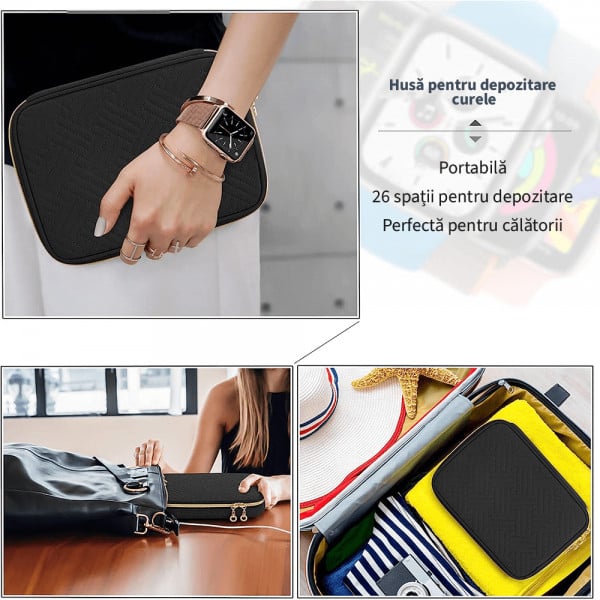 Husa / organizator pentru depozitare 26 curele smartwatch, compatibila cu Apple Watch, Huawei Watch, Galaxy Watch, nylon, negru - 1 | YEO