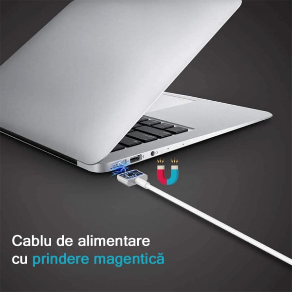 Incarcator adaptor 85W pentru Macbook in forma T, cablu alimentare magnetic si mufa MagSafe 2, 1.8 m + 2 protectii de cablu cadou, alb - 3 | YEO