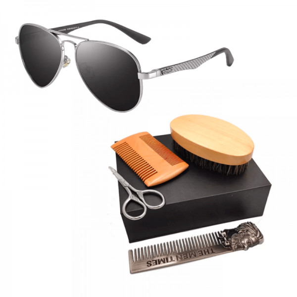 Promotie Set ingrijire barba 4 in 1 pentru barbati si ochelari de soare polarizati, aviator