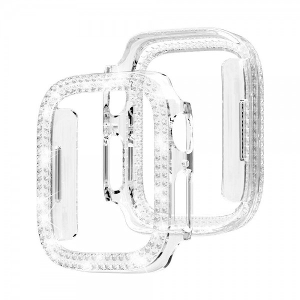 Set 2 huse pentru Apple Watch 4, Apple Watch 5, Apple Watch 6, Apple Watch SE, de 40mm, tip rama din sticla securizata, tip bumper, model cu strasuri, roz-alb, transparent - 2 | YEO