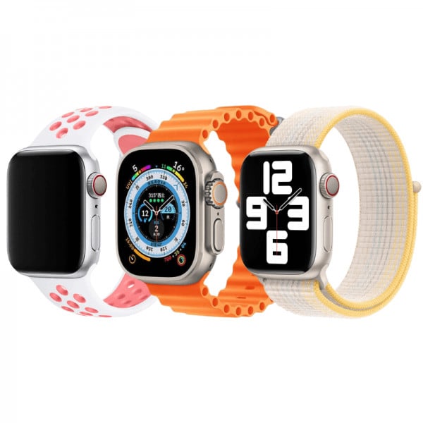 Set 3 curele Apple Watch 3 / 4 / 5 / 6 / 7 / 8 / SE series 38 / 40 / 41 mm, silicon, nylon, roz-alb, portocaliu, starlight