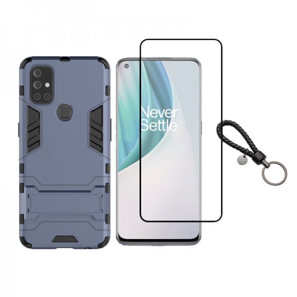 Set protectie 2 in 1 pentru OnePlus Nord N10 5G cu husa hybrid antisoc cu stand inel si folie sticla fullsize si breloc cadou, dark blue