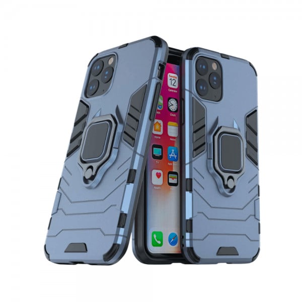 Set protectie 3 in 1 pentru IPHONE 11 PRO MAX cu husa hybrid antisoc cu stand inel, folie sticla ceramica fullsize, 2 folii sticla pentru camera si breloc cadou, dark blue - 1 | YEO