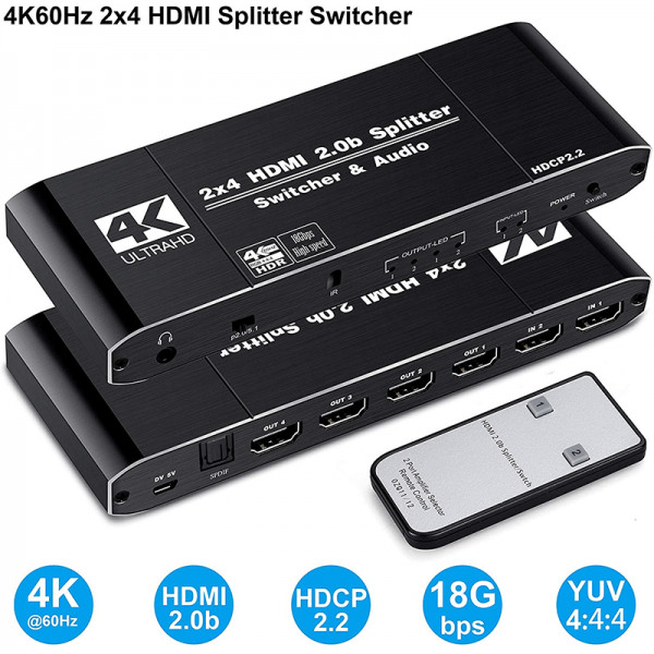 Switch Splitter HDMI 2.0b 2in 4out, 4k 60Hz, 18Gbps, SPDIF Audio, jack 3.5 extractor, pass, 2.0, 5.1ch - 2 | YEO