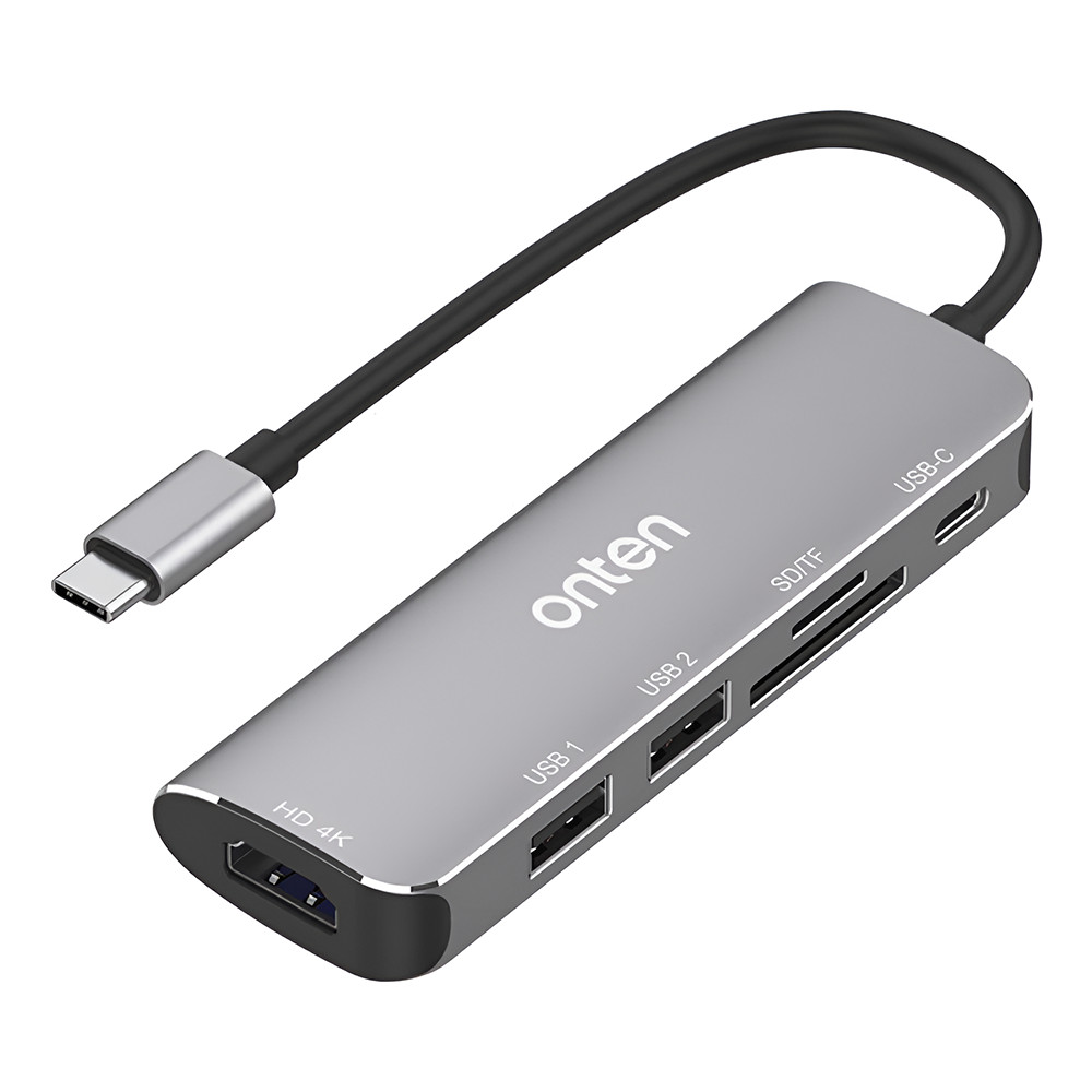 ONTEN Docking station USB-C 6 in 1, adaptor multiport cu HDMI 4K, PD, 2x USB 3.0, Cititor de carduri SD si TF, pentru MacBook, Chromebook, USB-C laptop, argintiu