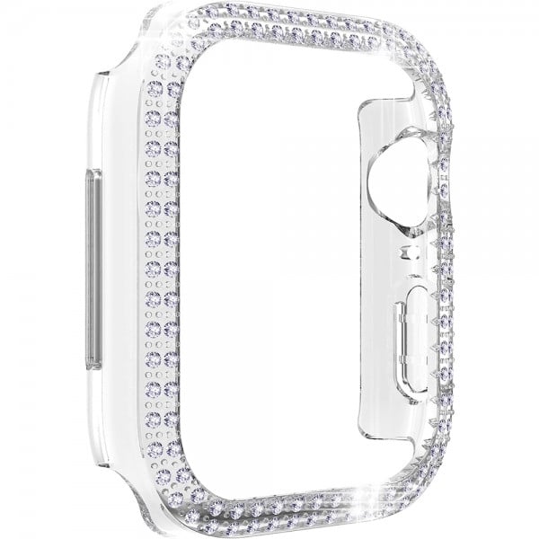 Set 2 huse pentru Apple Watch 7, Apple Watch 8 de 41mm, tip rama din sticla securizata, tip bumper, model cu strasuri, roz-alb, transparent - 3 | YEO