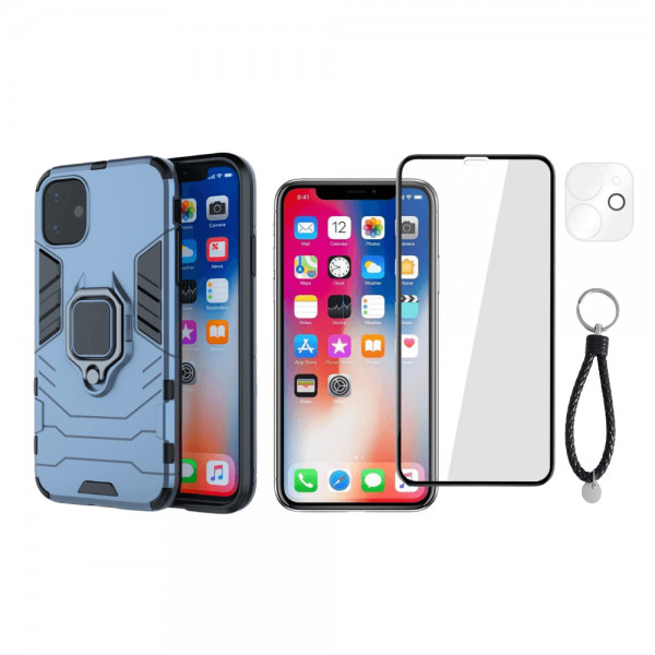 Set protectie 3 in 1 pentru IPHONE 11 cu husa hybrid antisoc cu stand inel, folie sticla ceramica fullsize, 2 folii sticla pentru camera si breloc cadou, dark blue