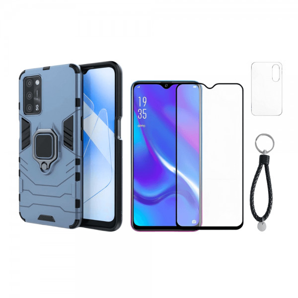 Set protectie 3 in 1 pentru Oppo A16 (4G) cu husa hybrid antisoc cu stand inel, folie sticla ceramica fullsize, 2 folii sticla pentru camera si breloc cadou, dark blue