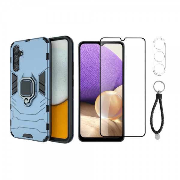 Set protectie 3 in 1 pentru Samsung Galaxy A34 5G cu husa hybrid antisoc cu stand inel, folie sticla ceramica fullsize, 2 folii sticla pentru camera si breloc cadou, dark blue