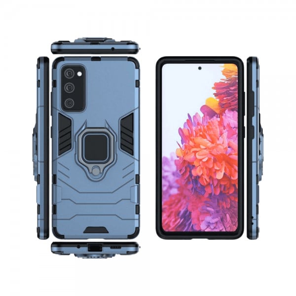 Set protectie 3 in 1 pentru Samsung S20 FE (4G) cu husa hybrid antisoc cu stand inel, folie sticla ceramica fullsize, 2 folii sticla pentru camera si breloc cadou, dark blue - 3 | YEO