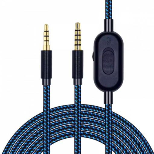 Cablu audio Jack 3.5 – Jack 3.5 pentru casti Logitech Astro A10 A40 TR, TRRRS 5 pini tata la 4 pini tata, cu control al volumului si fir impletit din Nylon, 2m, Albastru