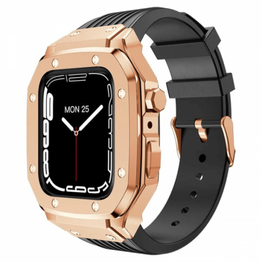 Curea din silicon pentru Apple Watch 4/ Apple Watch 5/ Apple Watch 6/ Apple Watch SE de 44mm cu carcasa metalica, rose gold