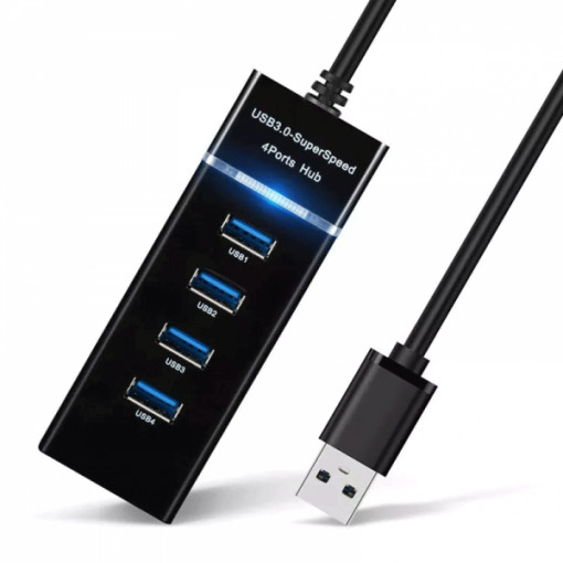 Hub USB 3.0 cu 4 porturi, superspeed, USB 3.0 tata la 1 x USB 3.0 mama si 3 x USB 2.0 mama, cablu de 30cm, pentru laptop/PC, Negru