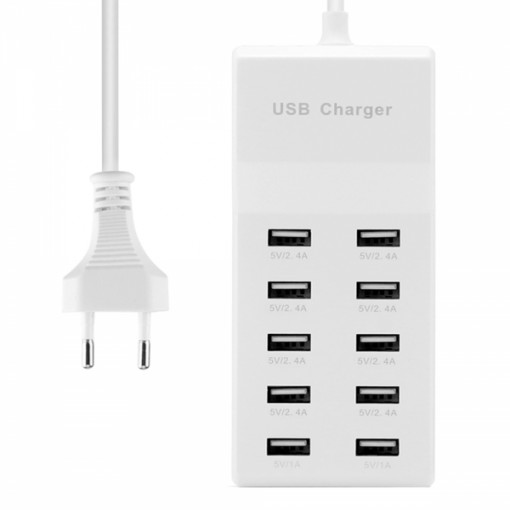 HUB USB statie de incarcare cu 10 porturi USB 60W, 10A ,8 x 2.4 A, 2x 1A, 1m, alb