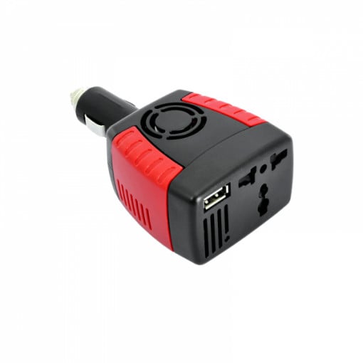 Invertor de tensiune DC 12V la AC 220V , 150W, adaptor soclu auto la soclu priza EU/UK si USB 2.1, rosu