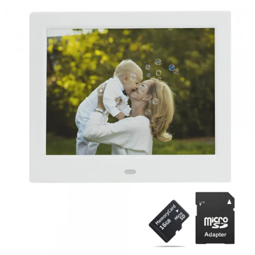 Rama foto digitala MW-087DPF LCD de 8 inch cu telecomanda, alb + card de memorie microSD 16GB si adaptor