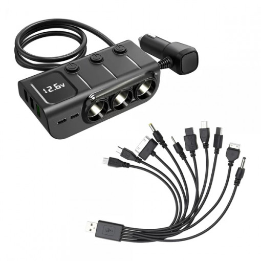 Set adaptor priza auto multisocket 120W, 3x soclu auto, 3x port USB, port Type-C PD 36W, port Type-C, buton on-off, display LED, negru si cablu 10 in 1 multi-incarcare USB 2.0
