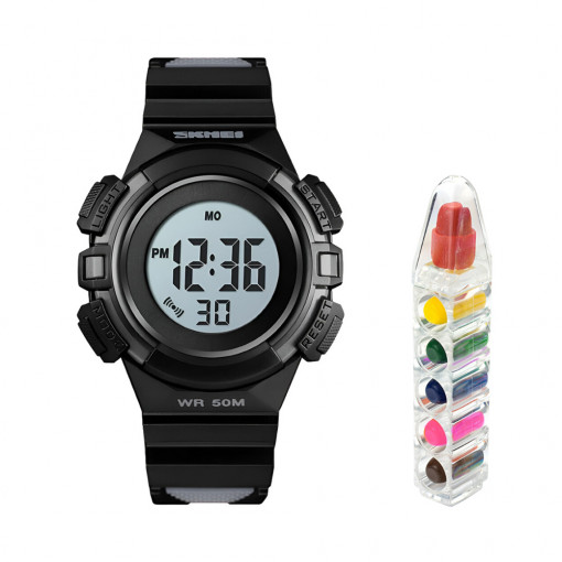 Set ceas de copii sport SKMEI 1485 waterproof 5ATM cu alarma, cronometru, data si iluminare ecran, negru si creioane cerate, 6 culori