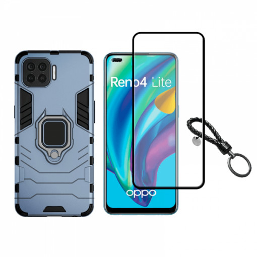 Set protectie 2 in 1 pentru Oppo F17 Pro / Reno 4 Lite cu husa hybrid antisoc cu stand inel si folie sticla ceramica fullsize si breloc cadou, dark blue