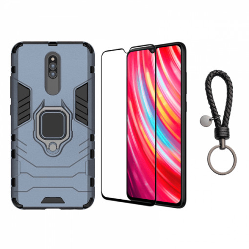 Set protectie 2 in 1 pentru Xiaomi Redmi 8 cu husa hybrid antisoc cu stand inel si folie sticla ceramica fullsize si breloc cadou, dark blue