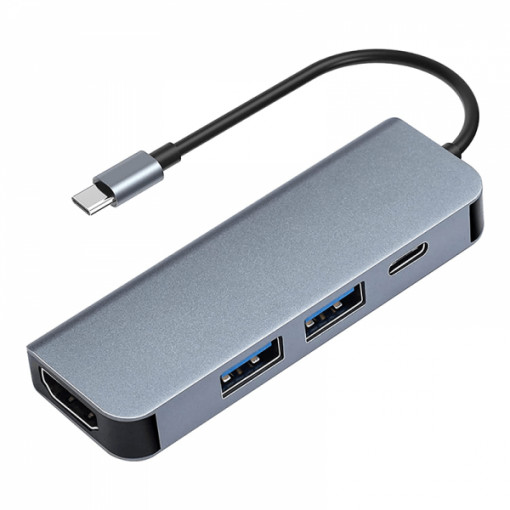 Adaptor multiport 4 in 1 USB Type-C la HDMI, USB 3.0, USB 2.0, USB-C, 4K 30Hz, PD 87W, indicator LED, pentru MacBook, Chromebook, laptop cu incarcare Type-C, gri