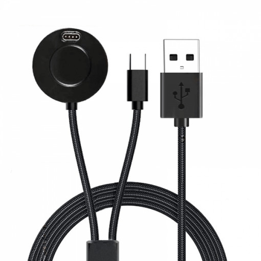 Cablu si dock incarcare pentru Garmin Vivoactive 4S/ 4/ 3, Fenix 5/ 5S/ 5X/ 6/ 6S/ 6X/ 7/ 7S/ 7X, Venu, Instinct, Forerunner 945, cu port USB si USB Tip C, functie incarcare 2 in 1, 115 cm, negru