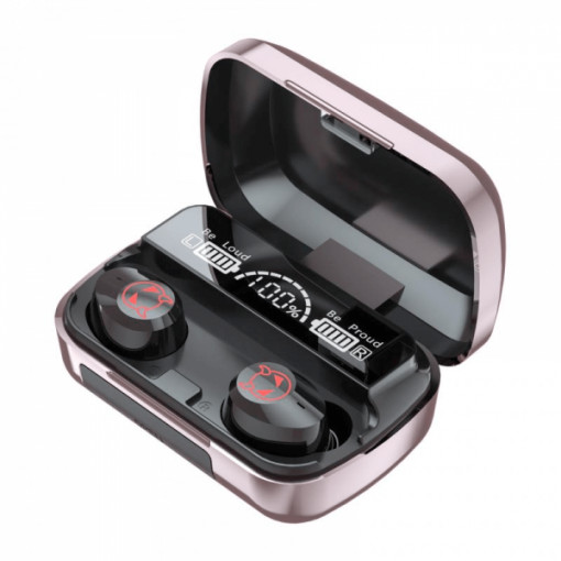 Casti wireless TWS M23 Mirror EarPods, bluetooth 5.1, waterproof IPX6, display LED, microfon, voice assistant, roz