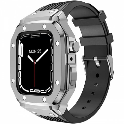 Curea din silicon pentru Apple Watch 4/ Apple Watch 5/ Apple Watch 6/ Apple Watch SE de 44mm cu carcasa metalica, argintiu