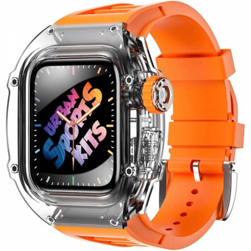 Curea din silicon pentru Apple Watch 4/ Apple Watch 5/ Apple Watch 6/ Apple Watch SE de 44mm cu carcasa transparenta, portocaliu