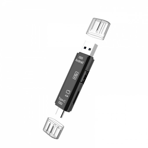 Mini Hub OTG 5 in 1 Reader, cu cititor card TF/MicroSD, 2 x USB 2.0, Micro USB, USB Type C 3.1, pentru telefon, laptop sau tableta, negru