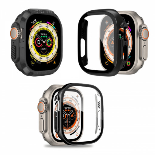 Set 3 huse pentru Apple Watch Ultra de 49mm, tip rama din sticla securizata, tip rama din silicon moale elecroplacat, tip bumper din silicon, negru