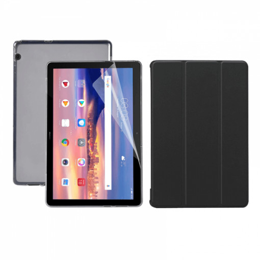 Set 3 in 1 husa carte, husa silicon si folie protectie ecran pentru Huawei MediaPad T3 10, 9.6 inch, negru