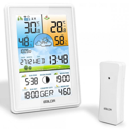 Statie meteo wireless cu senzor de exterior BALDR, termometru digital interior/ exterior, higrometru, ora, calendar cu fazele lunii, alarma pentru temperaturi extreme, alb