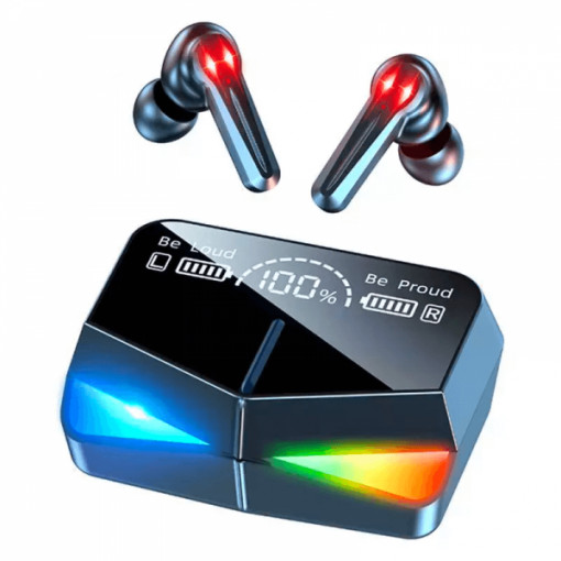 Casti wireless TWS M28, Gaming, IPX7, fara intarziere redare, functie limitare zgomot, display LED, negru