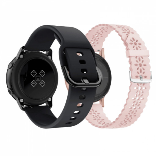 Set 2 curele pentru ceas, 20mm, pentru Galaxy Watch 6/ 6 Classic, Galaxy Watch 5 Pro 45mm, Galaxy Watch 5, Galaxy Watch 4, Galaxy Watch 3 41mm, Huawei Watch GT, model dantela, roz, negru