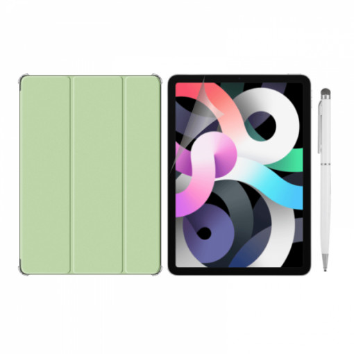 Set 3 in 1 pentru iPad Air 4 2020, 10.9 inch cu husa carte, folie protectie ecran si stylus, A2072 / A2316/ A2324/ A2325 , verde
