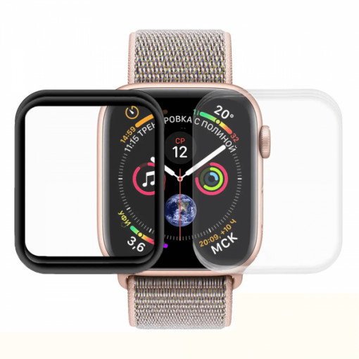 Set 5 folii de protectie ecran pentru Apple Watch 44mm, 3 folii transparente din hidrogel + 2 folii pentru ecran fullsize 3D din fibra de sticla si hidrogel, negru