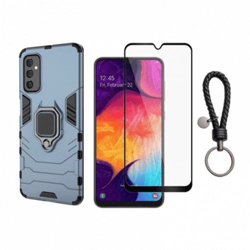 Set husa telefon si folie pentru Samsung Galaxy A04s (4G), carcasa hybrid antisoc cu stand inel, folie de sticla ceramica fullsize si breloc cadou, dark blue, negru