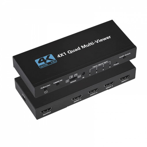 Switch HDMI Multiviewer 4K 30Hz, 4 intrari sursa 1 iesire ecran, afisaj simultan / alternativ cu telecomanda / buton, prezentari / sedinte / conferinte