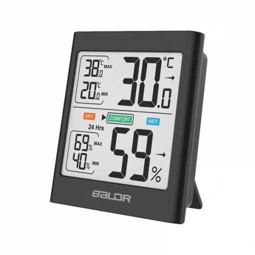 Termometru si higrometru de camera, afisaj temperatura, umiditate si indice de confort, display LCD, lumina de fundal, negru