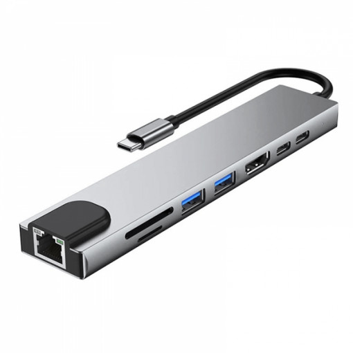 Adaptor HUB multiport 8 in 1 USB Type-C la 2 x USB, HDMI 4K 30Hz, 2 x USB-C, RJ45, Cititor de carduri SD / TF, PD 87W, pentru MacBook, Chromebook, USB-C laptop, argintiu