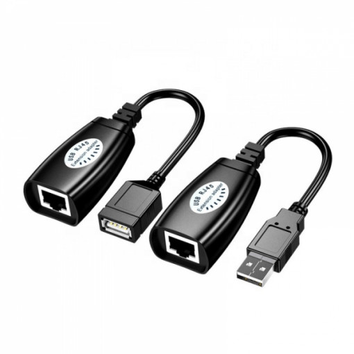 Cablu adaptor extender USB tata-RJ45 mama, USB mama-RJ45 mama, bidirectionale, pentru extinderea semnalului USB prin Cat5/ Cat6, 20cm, negru