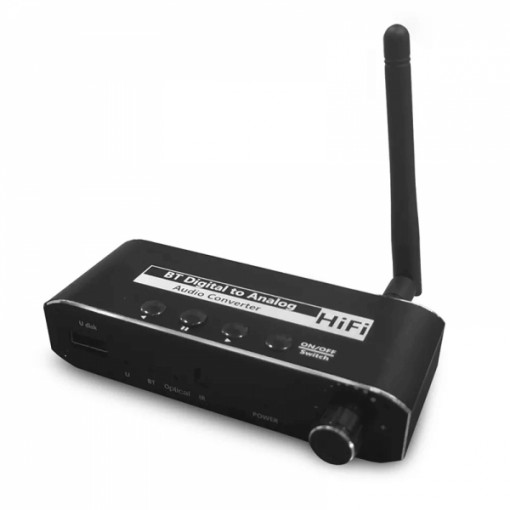 Convertor audio Bluetooth DAC, conversie semnal digital la analog, cu port USB si bluetooth 5.0, negru